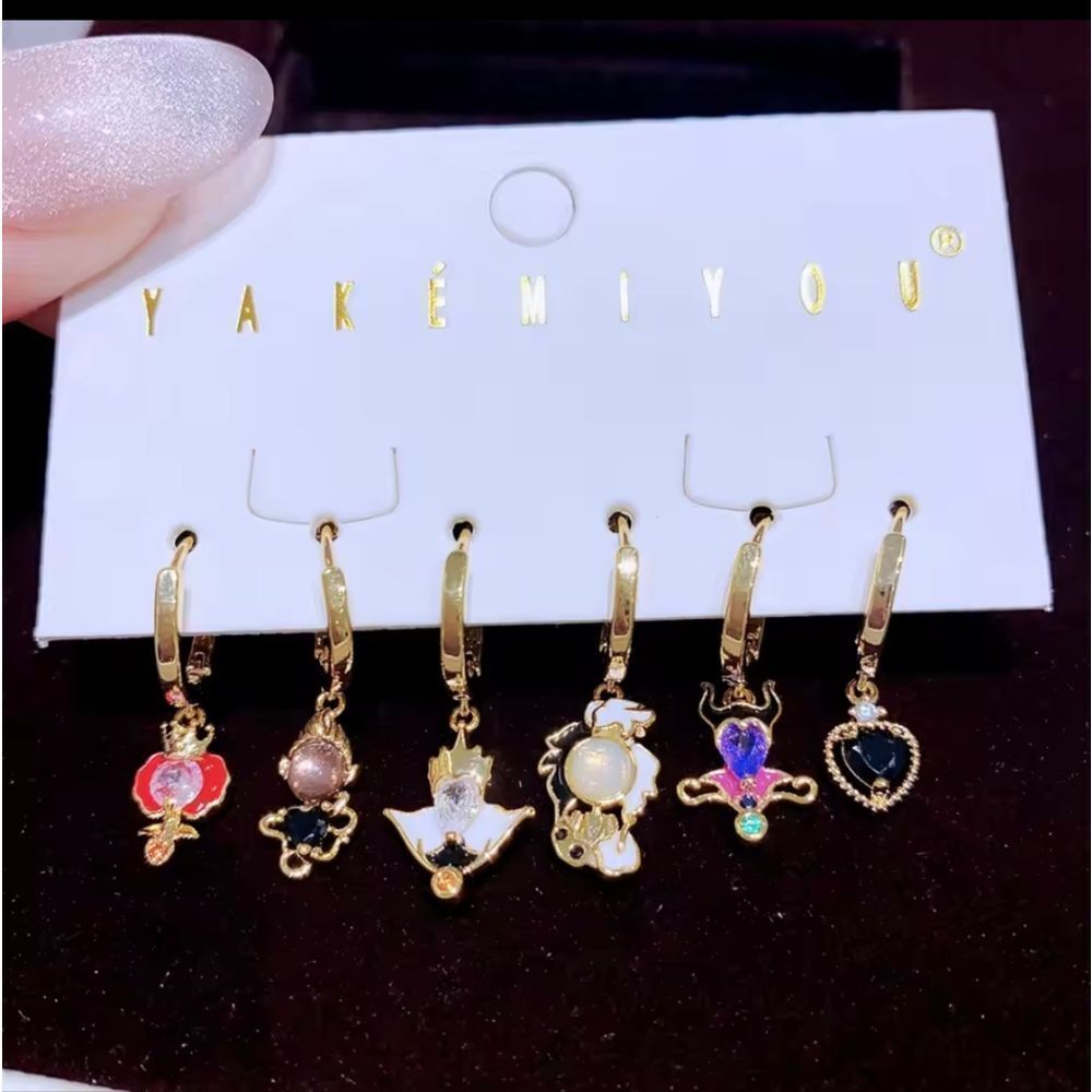 14K Gold Plated Disney Villains Gemstone Theme Earrings Hoop Mismatched Set